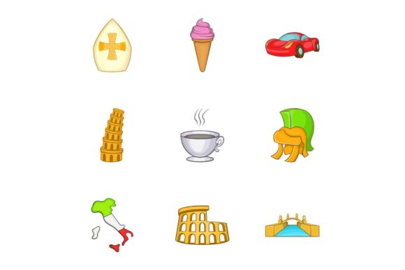 Download Trip to Italy Icons Set, Cartoon Style - Style Collection